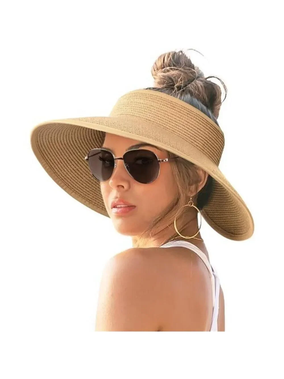 Wide Brim Straw Sun Visor Hat Women Ponytail UPF 50 Beach Packable Hat